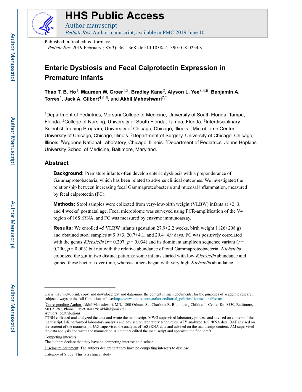 Enteric Dysbiosis and Fecal Calprotectin Expression in Premature Infants