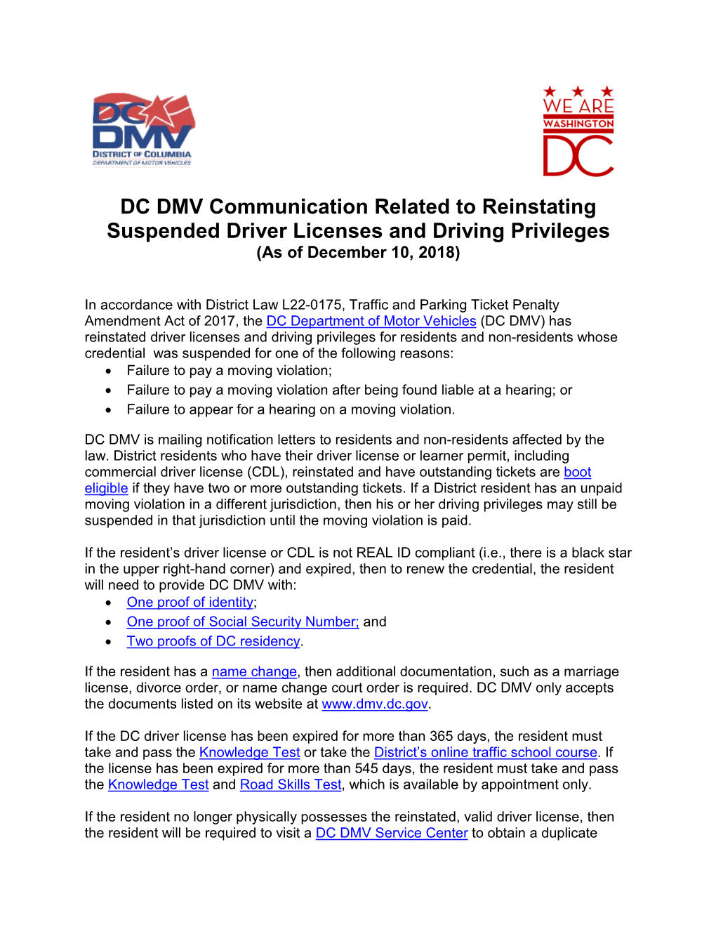 DC DMV Communication Related to Reinstating Suspended Driver Licenses and Driving Privileges (As of December 10, 2018)