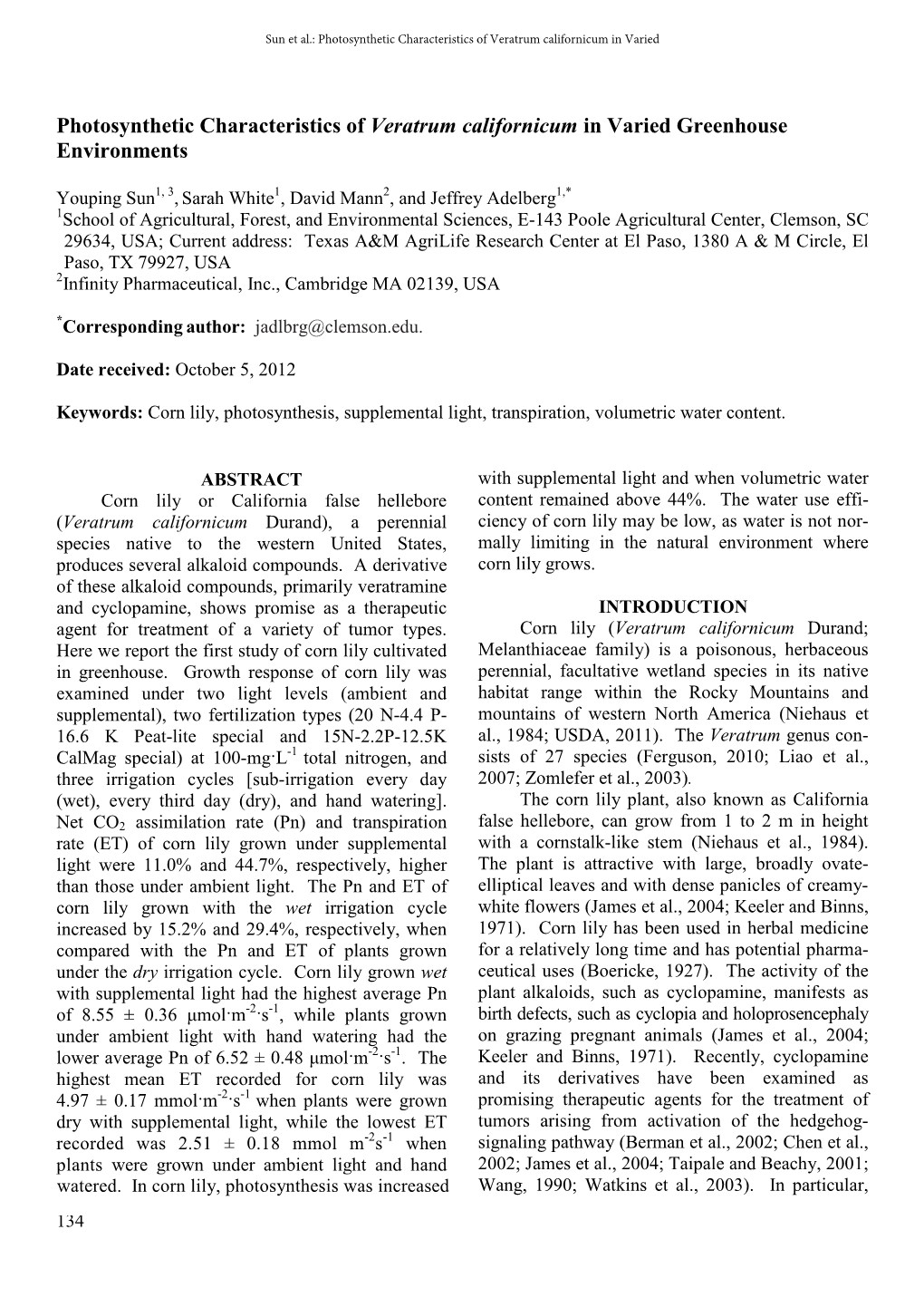 Photosynthetic Characteristics of Veratrum Californicum in Varied