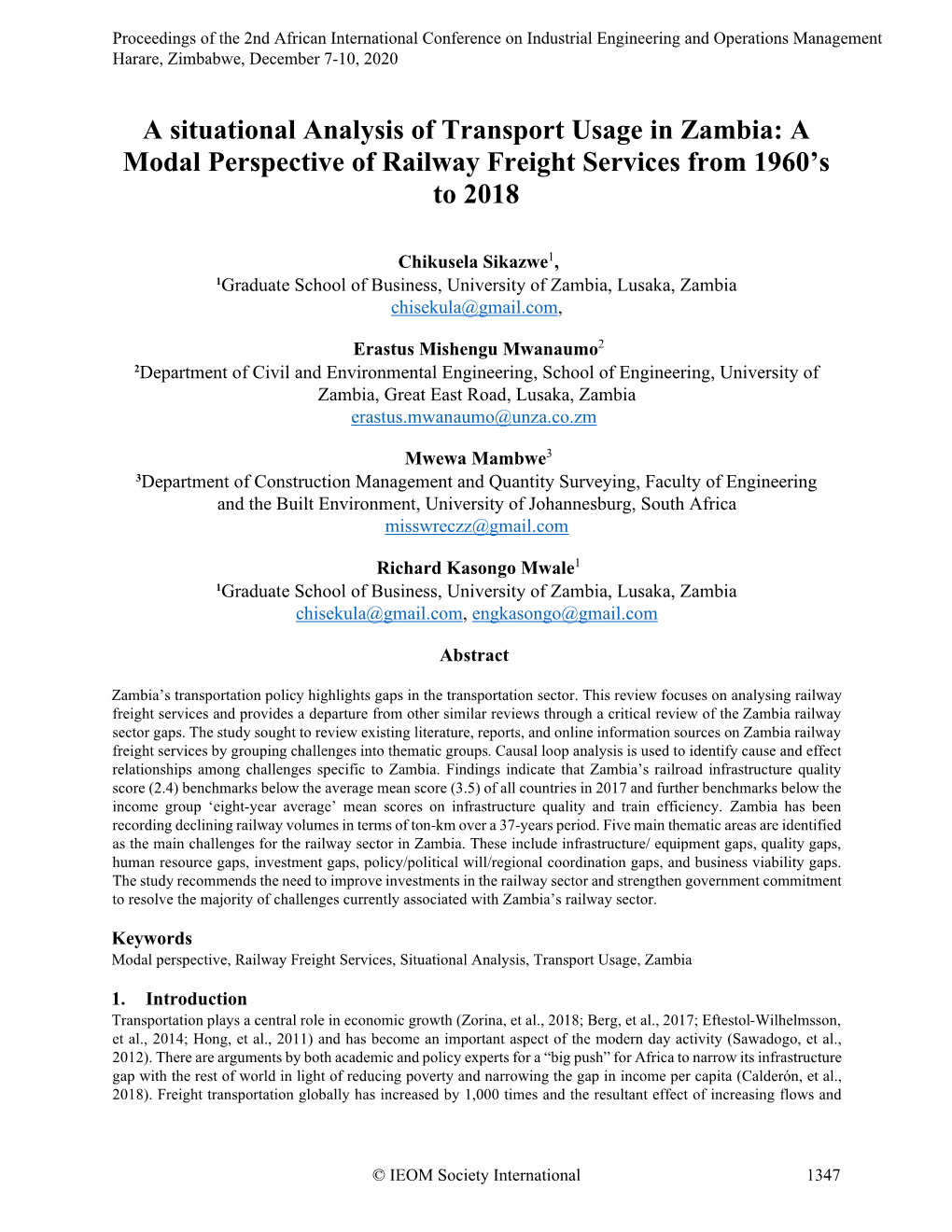 A Situational Analysis of Transport Usage in Zambia: a Modal Perspective of Railway Freight Services from 1960’S to 2018