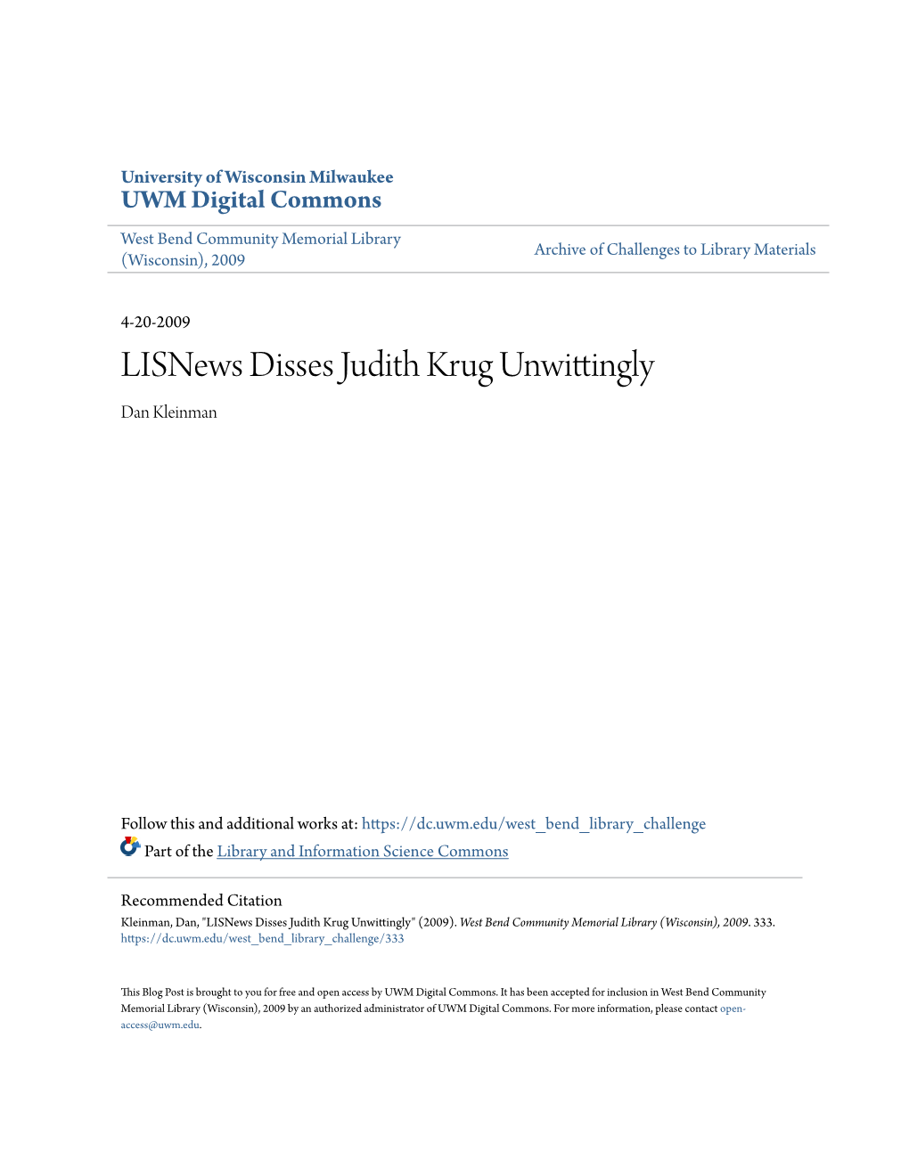 Lisnews Disses Judith Krug Unwittingly Dan Kleinman