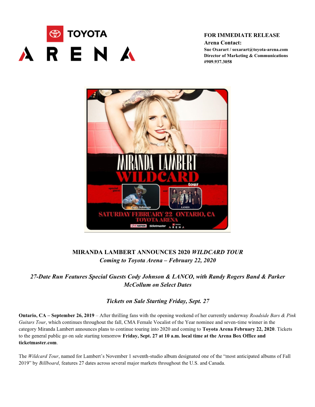 MIRANDA LAMBERT ANNOUNCES 2020 WILDCARD TOUR Coming to Toyota Arena – February 22, 2020