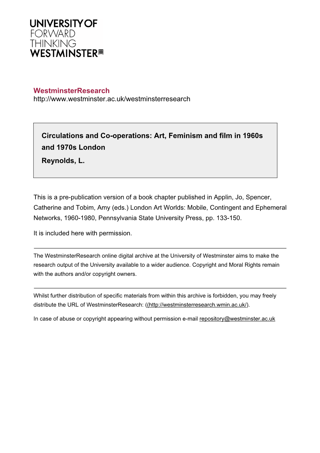 Westminsterresearch Circulations and Co-Operations: Art, Feminism and Film in 1960S and 1970S London Reynolds, L