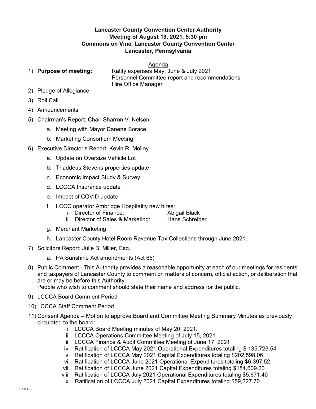 Lancaster County Convention Center Authority Meeting of August 19, 2021, 5:30 Pm Commons on Vine, Lancaster County Convention Center Lancaster, Pennsylvania