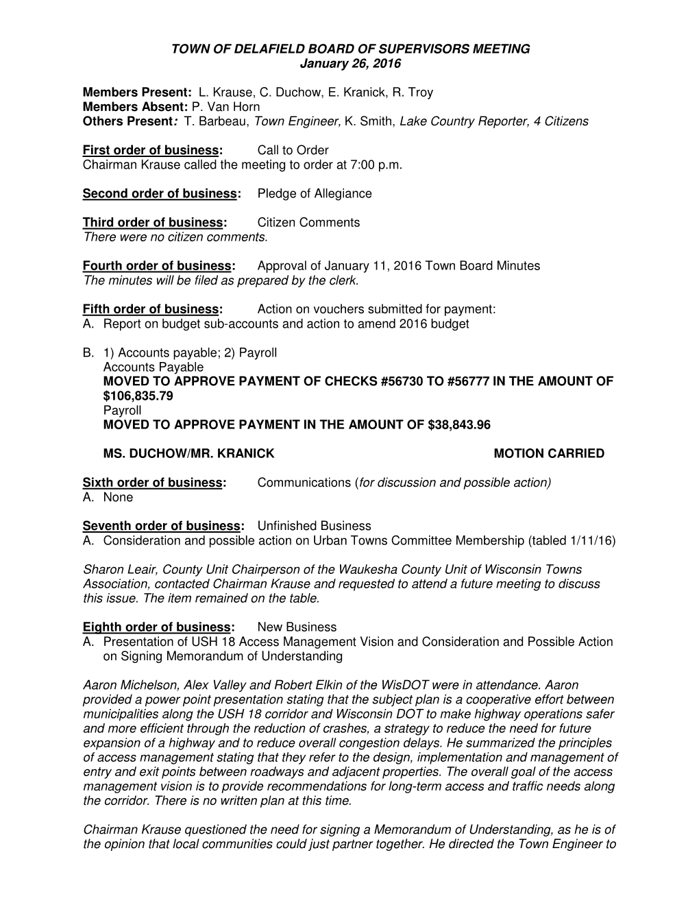 TOWN of DELAFIELD BOARD of SUPERVISORS MEETING January 26, 2016