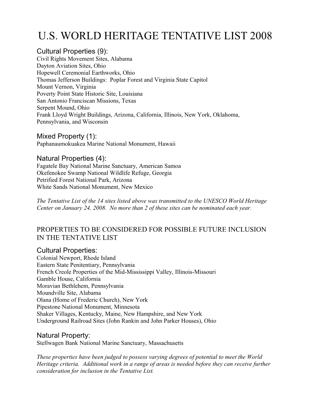 U.S. World Heritage Tentative List 2008