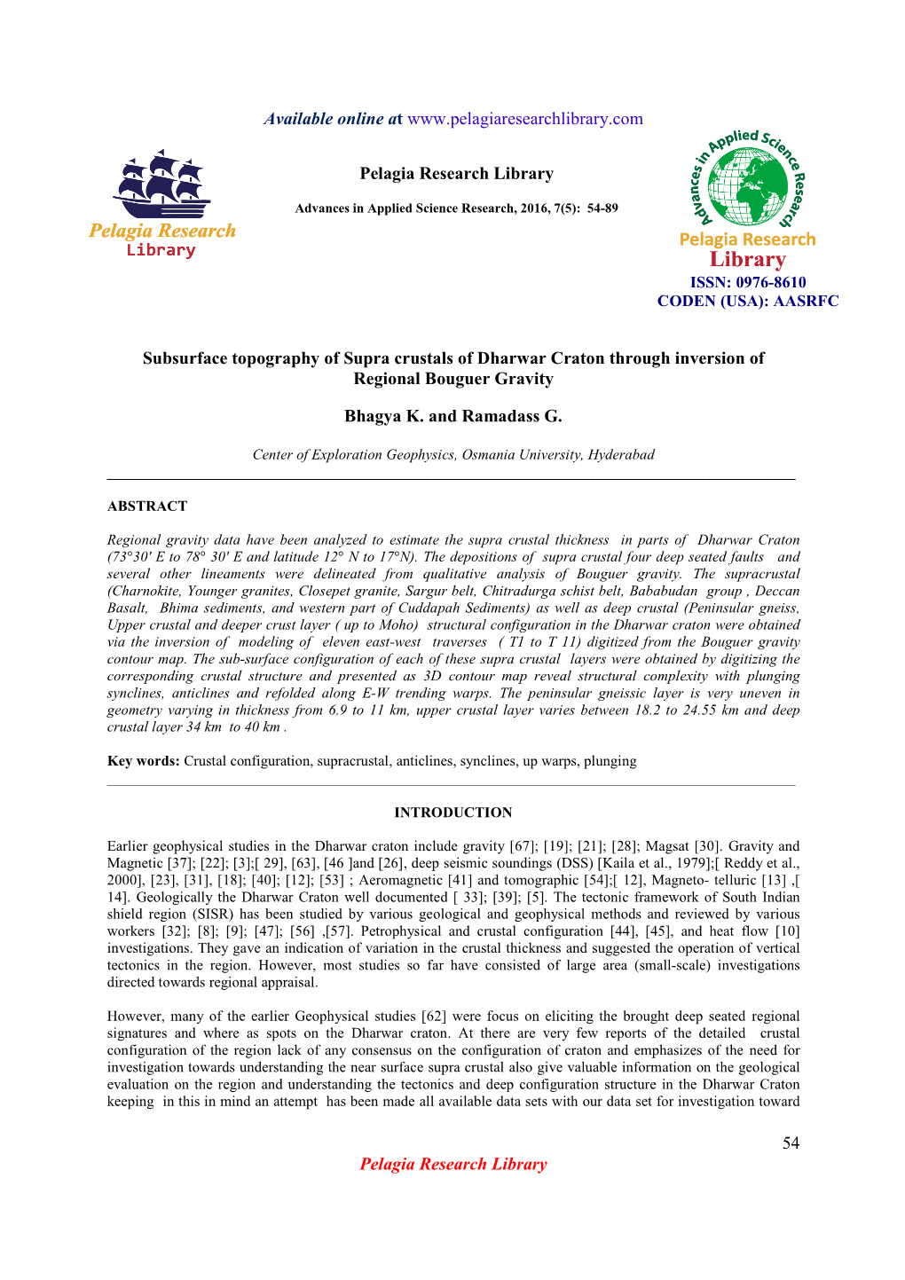 Subsurface Topography of Supra Crustals of Dharwar Craton Through Inversion of Regional Bouguer Gravity