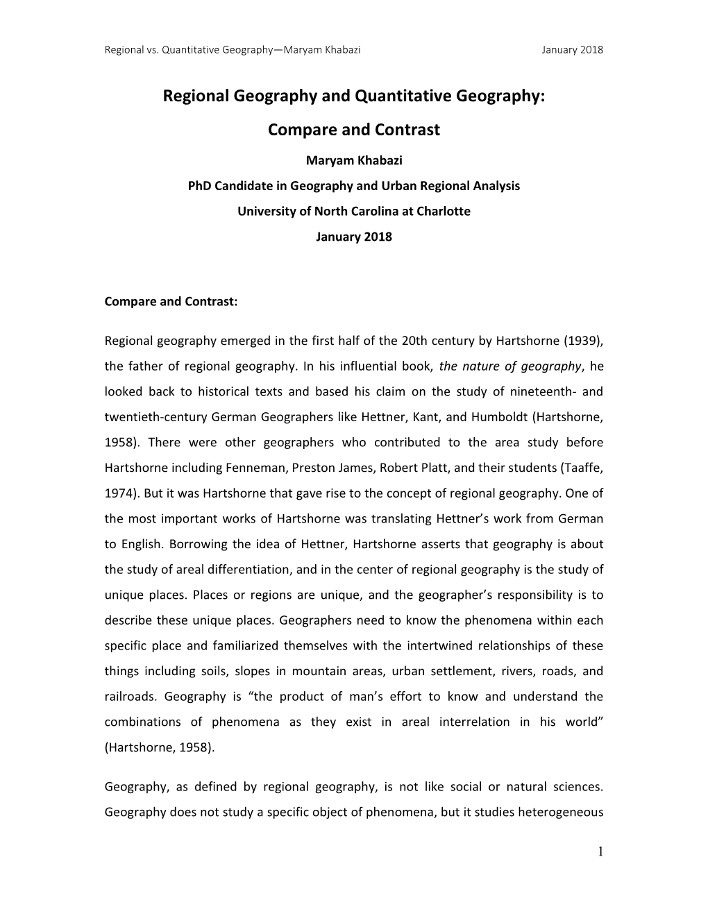 Regional Geography and Quantitative Geography: Compare and Contrast