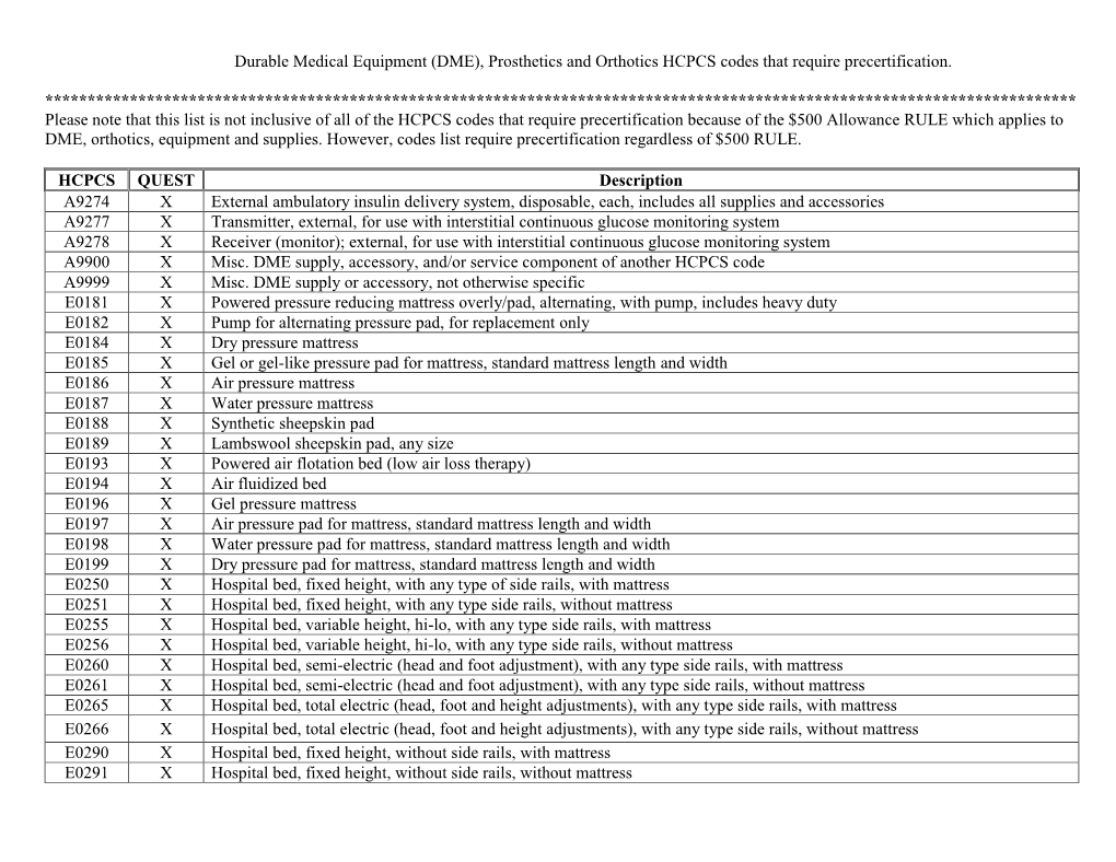 (DME), Prosthetics and Orthotics HCPCS Codes That Require Precertification