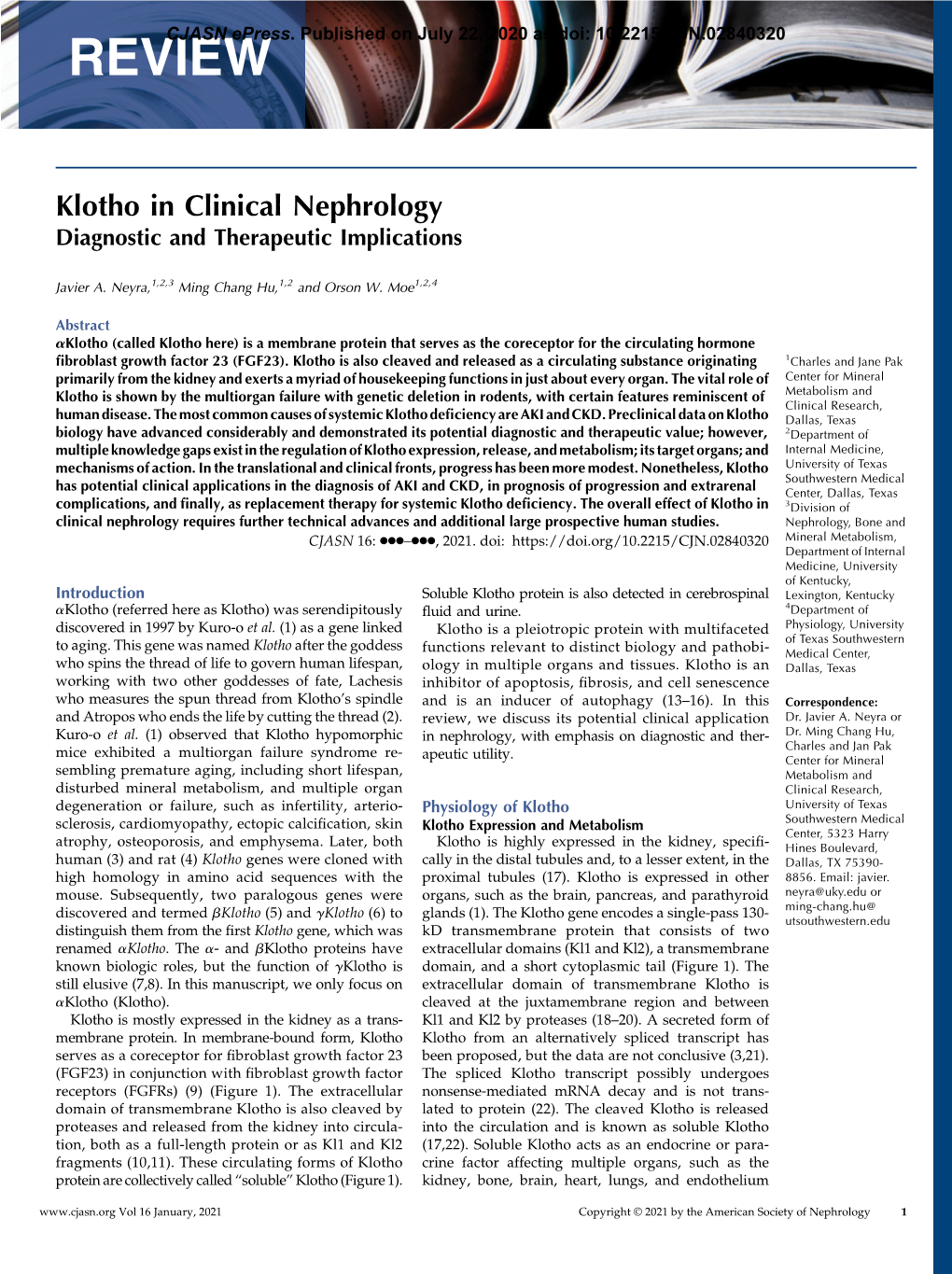 Klotho in Clinical Nephrology Diagnostic and Therapeutic Implications