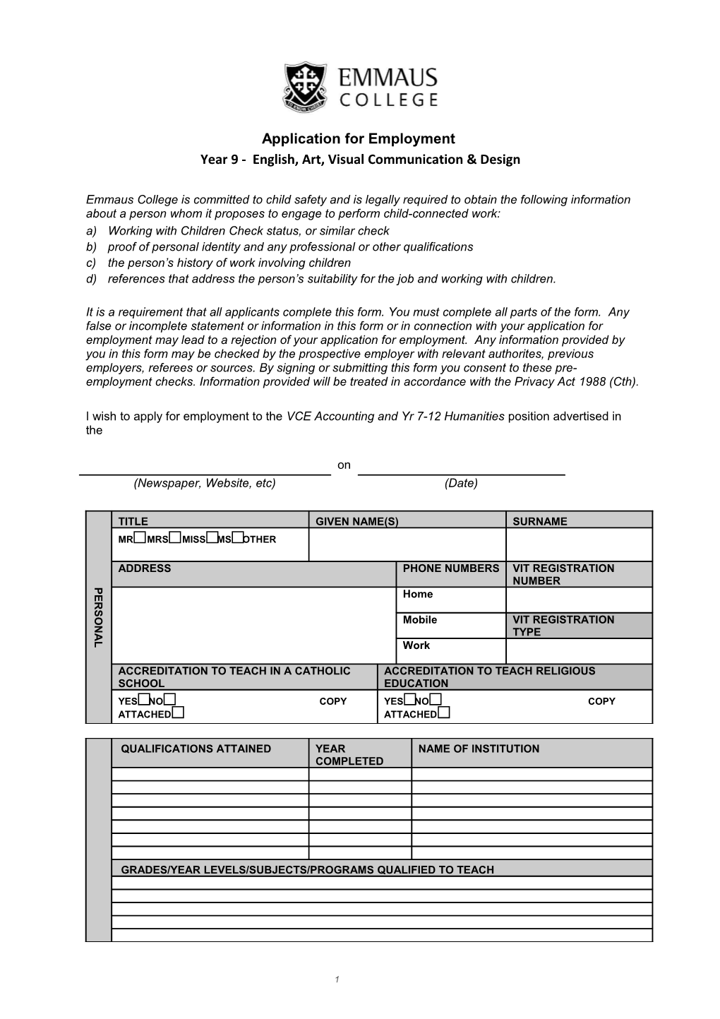 Application for Employment Teaching Position s1