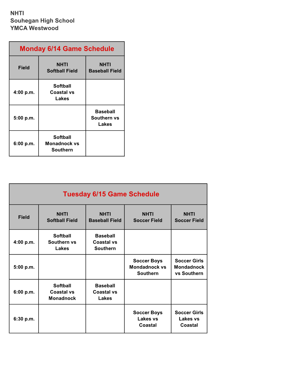 2021 Game Schedule