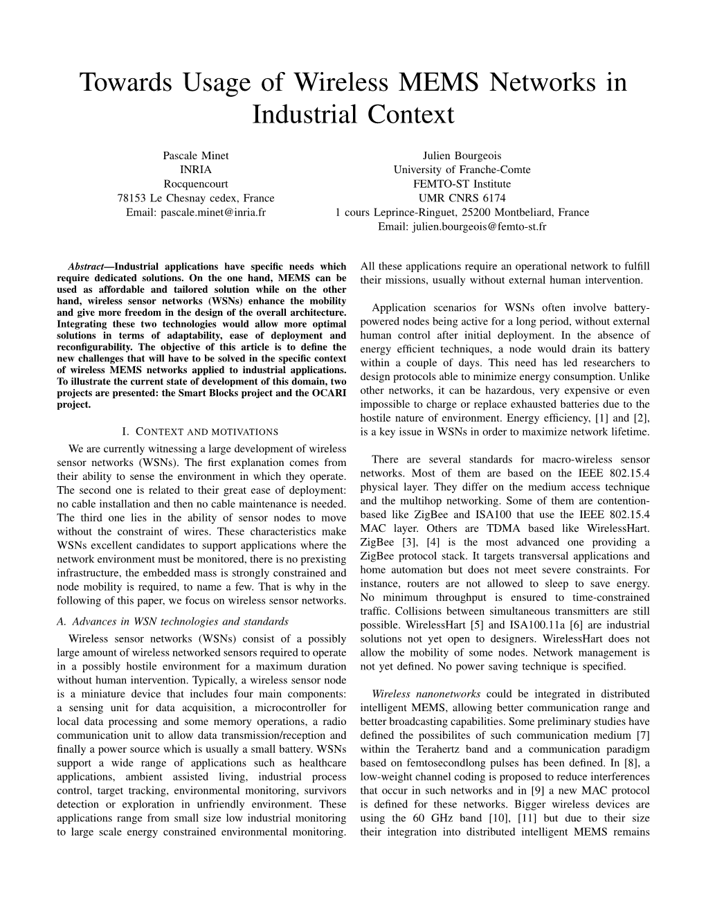 Towards Usage of Wireless MEMS Networks in Industrial Context