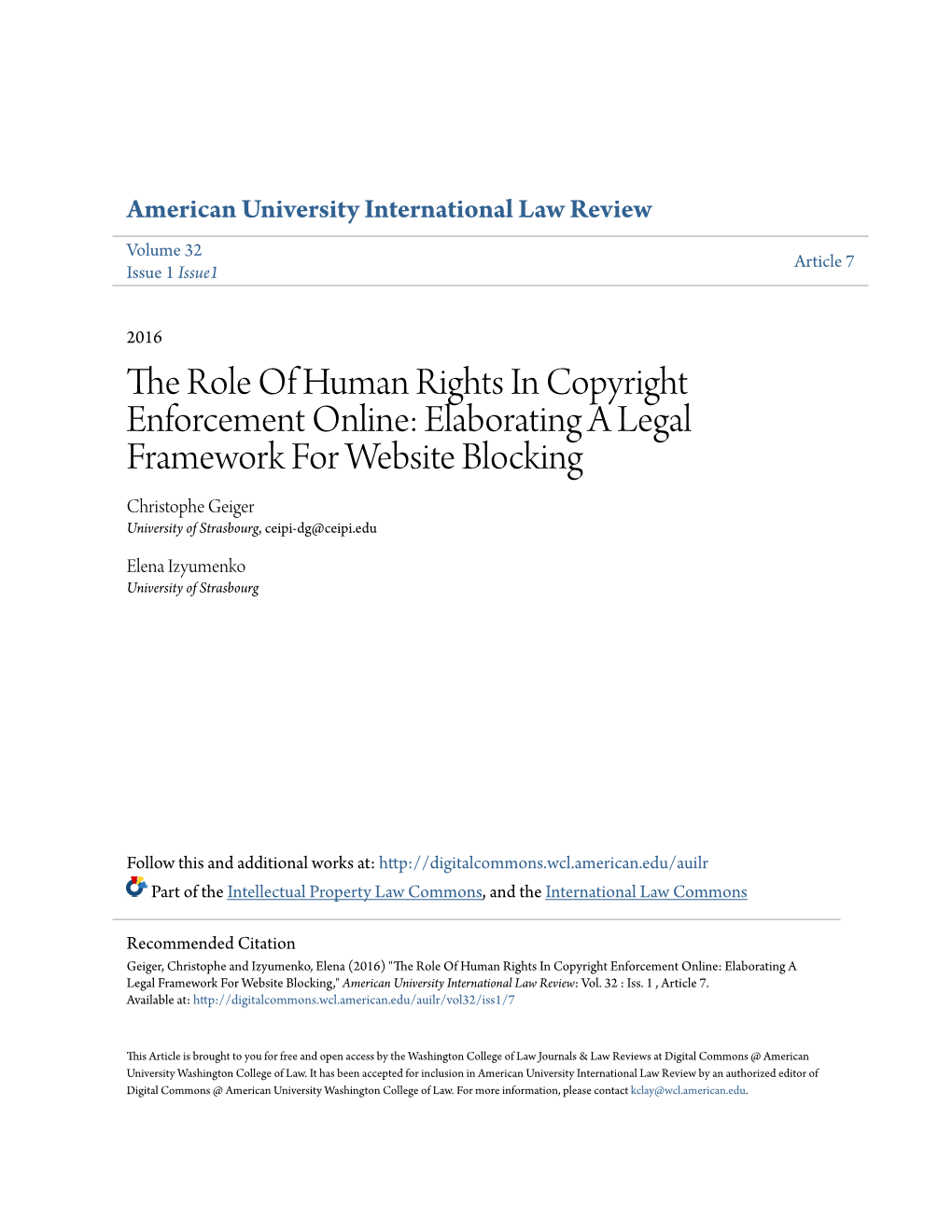 The Role of Human Rights in Copyright Enforcement Online: Elaborating a Legal Framework for Website Blocking