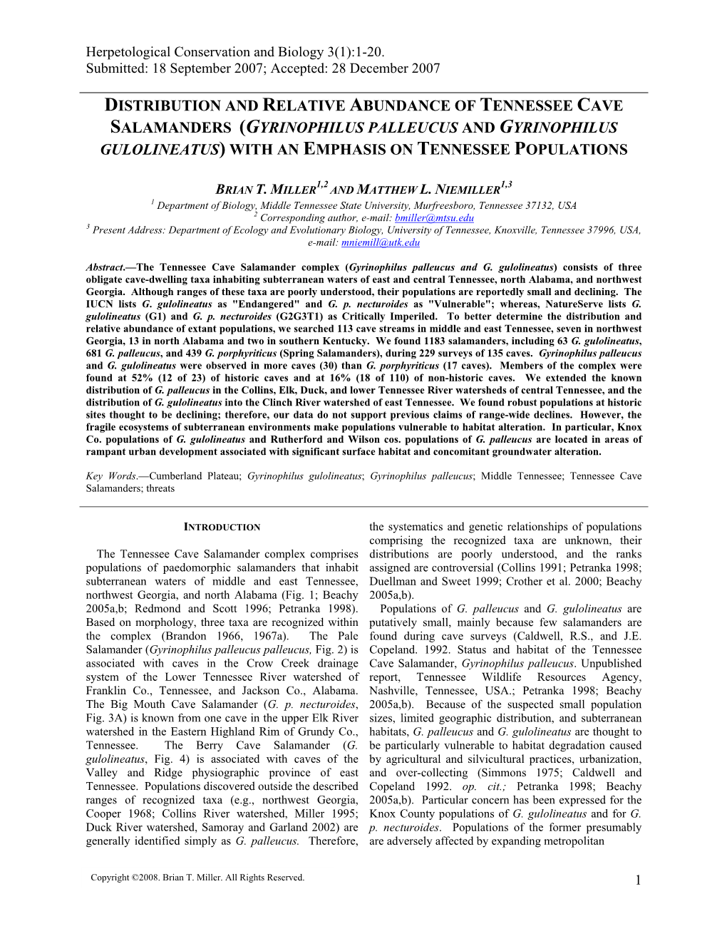 Distribution and Relative Abundance of Tennessee Cave Salamanders (Gyrinophilus Palleucus and Gyrinophilus Gulolineatus) with an Emphasis on Tennessee Populations