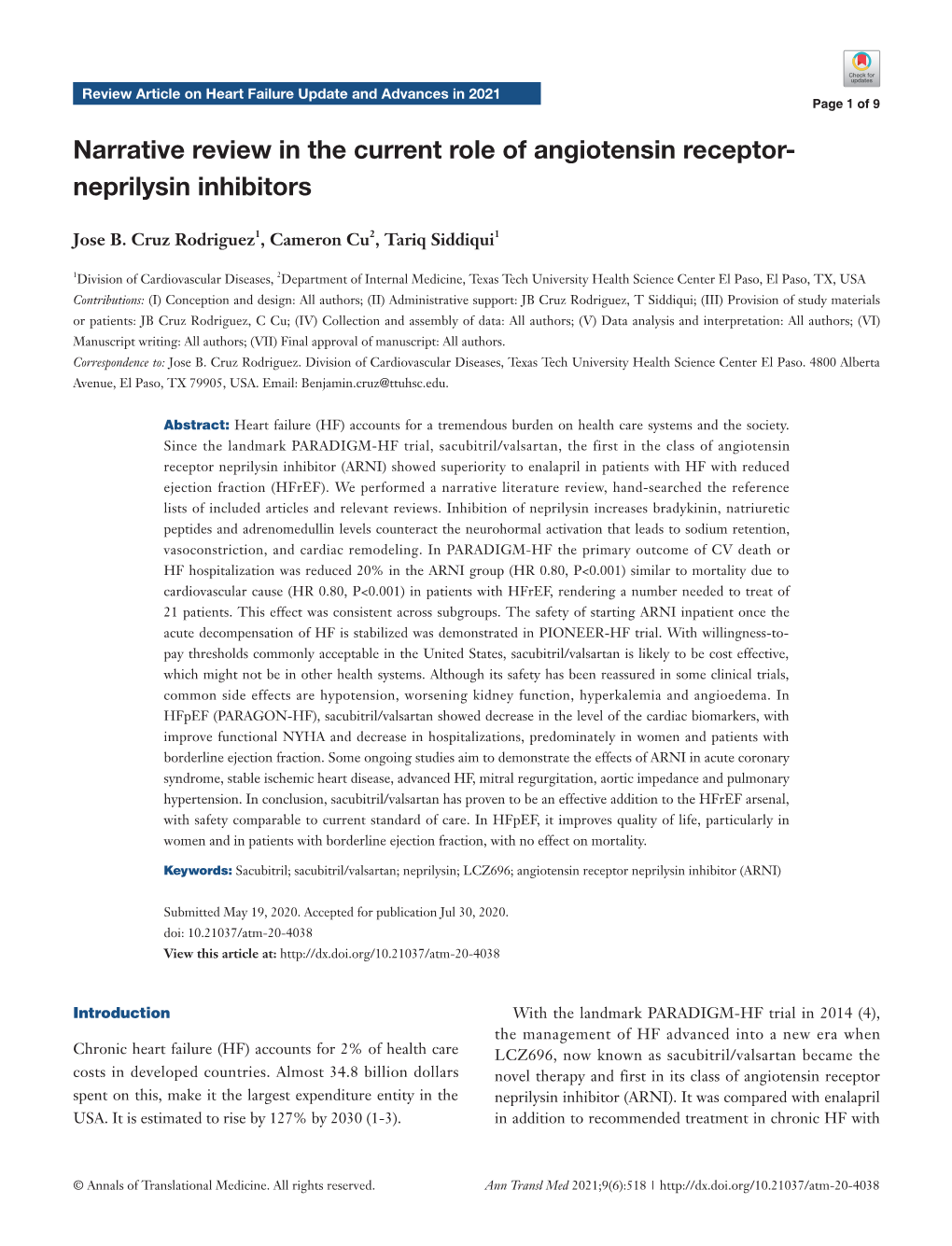 Narrative Review in the Current Role of Angiotensin Receptor- Neprilysin Inhibitors