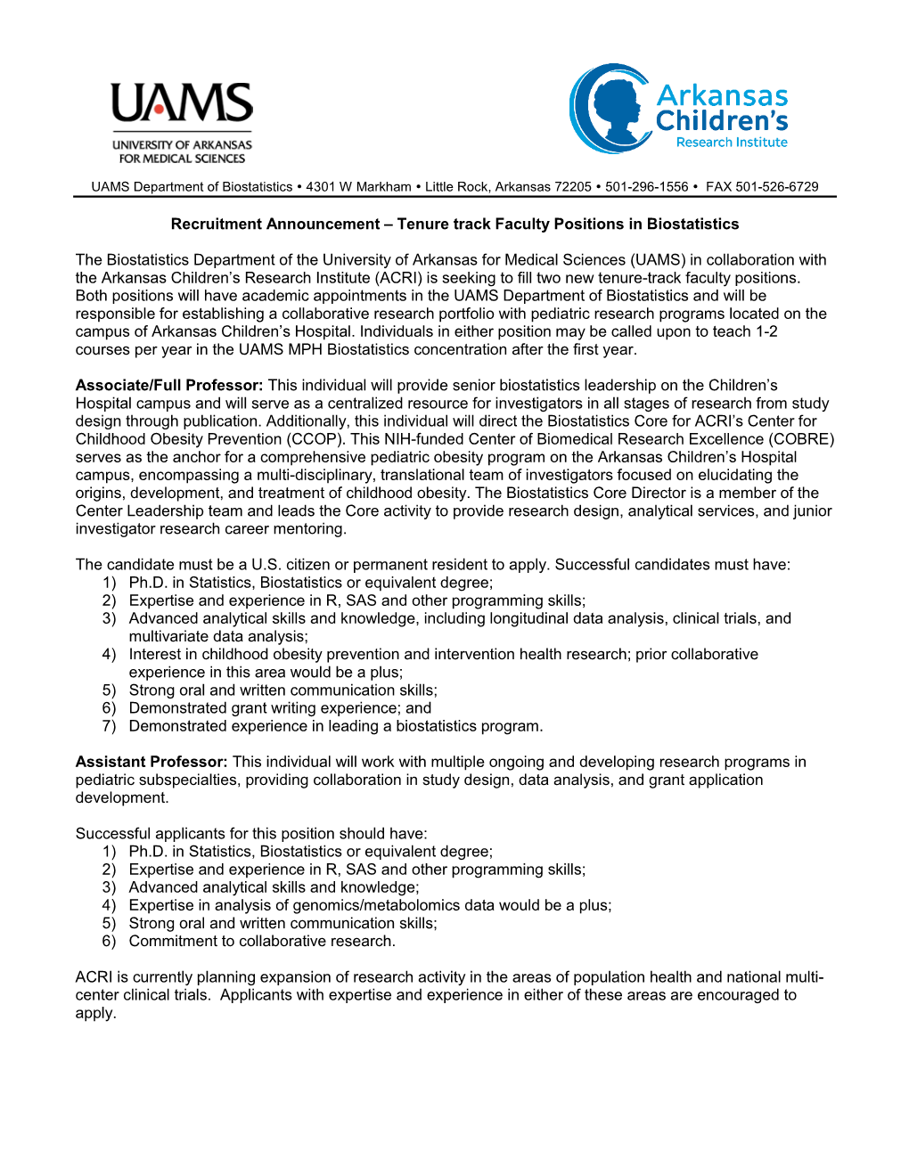 Tenure-Track Position, Department of Biostatistics, University of Arkansas