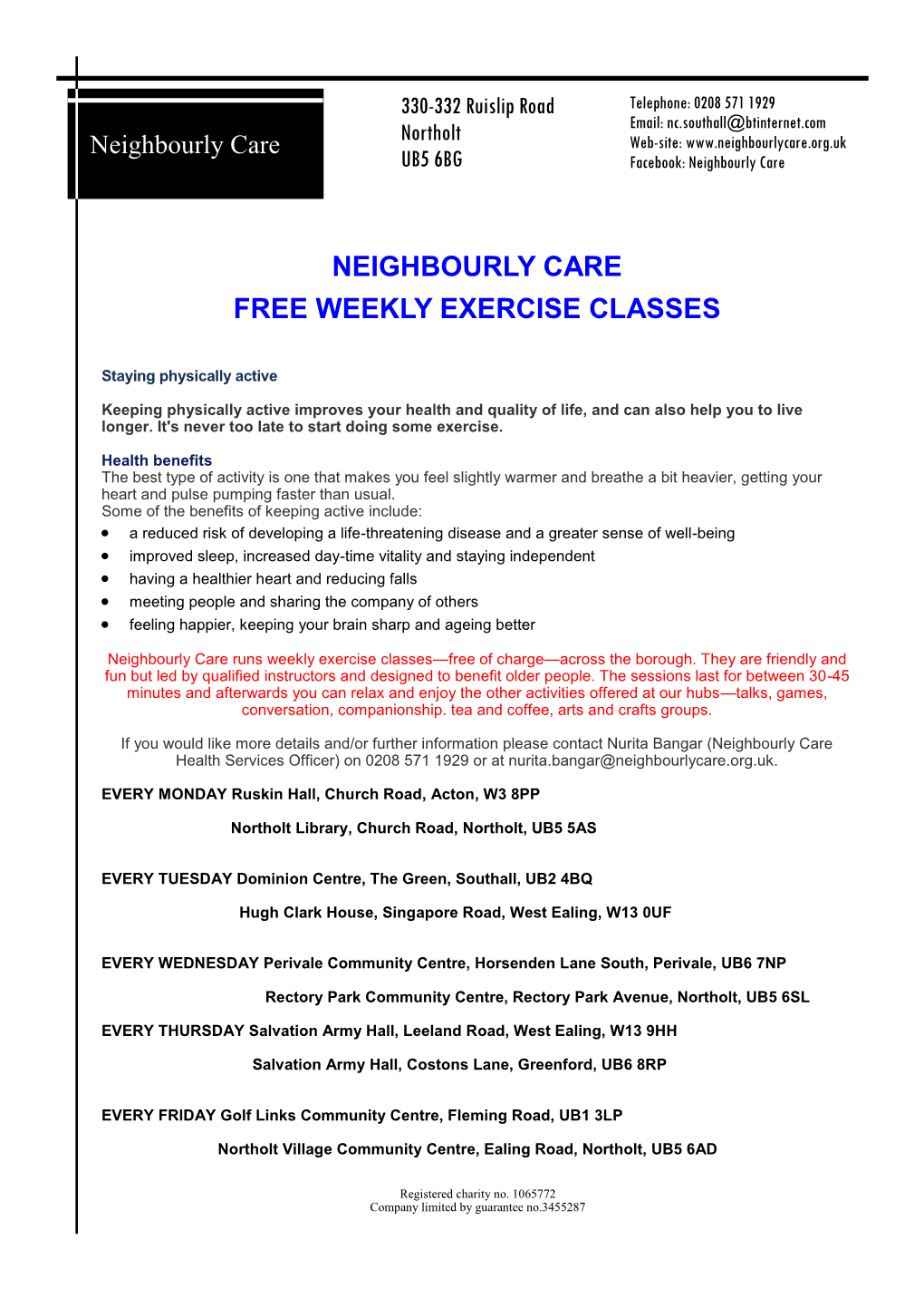 Neighbourly Care Free Weekly Exercise Classes