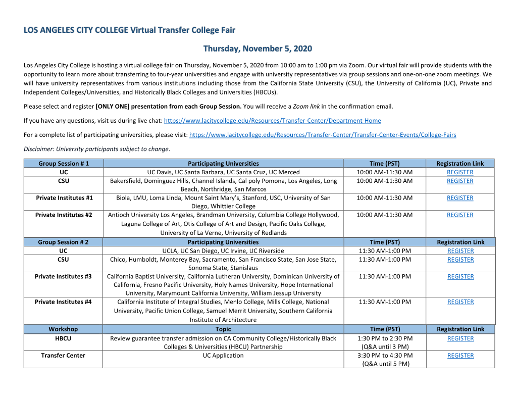 LOS ANGELES CITY COLLEGE Virtual Transfer College Fair