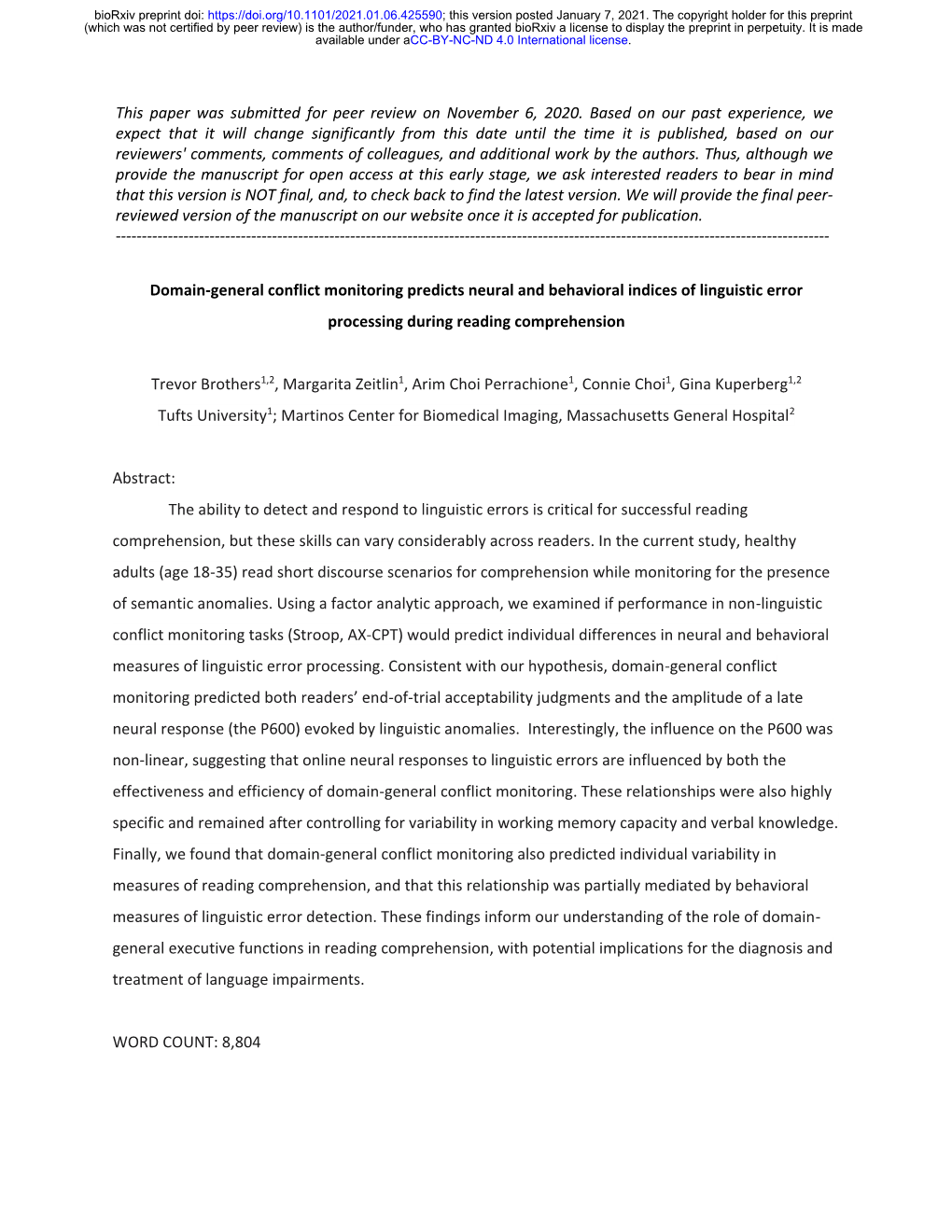 Domain-General Conflict Monitoring Predicts Neural and Behavioral Indices of Linguistic Error Processing During Reading Comprehension