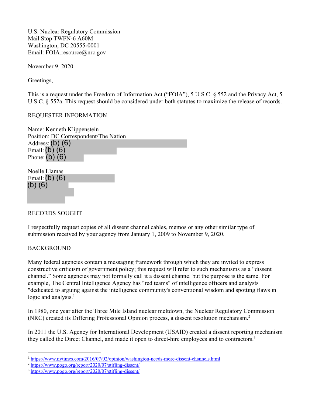 NRC-2021-000027, Request for Copies of All Dissent Channel