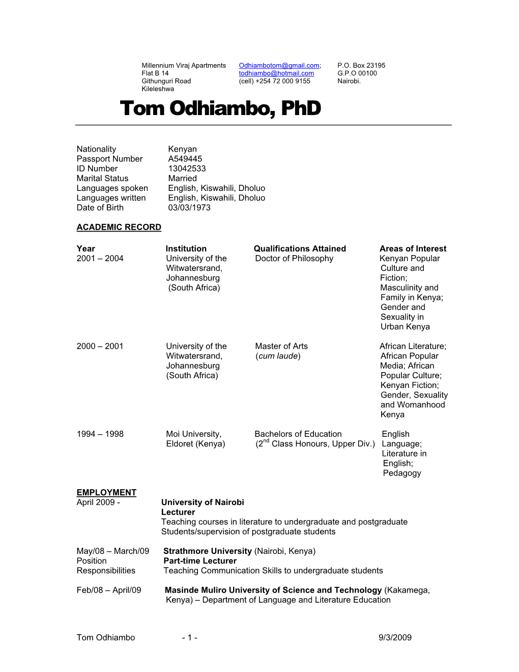 Tom Odhiambo, Phd