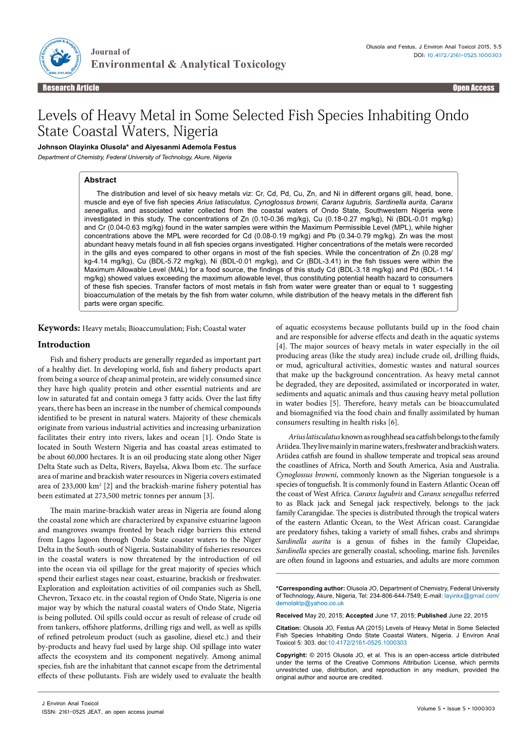 Levels of Heavy Metal in Some Selected Fish Species Inhabiting