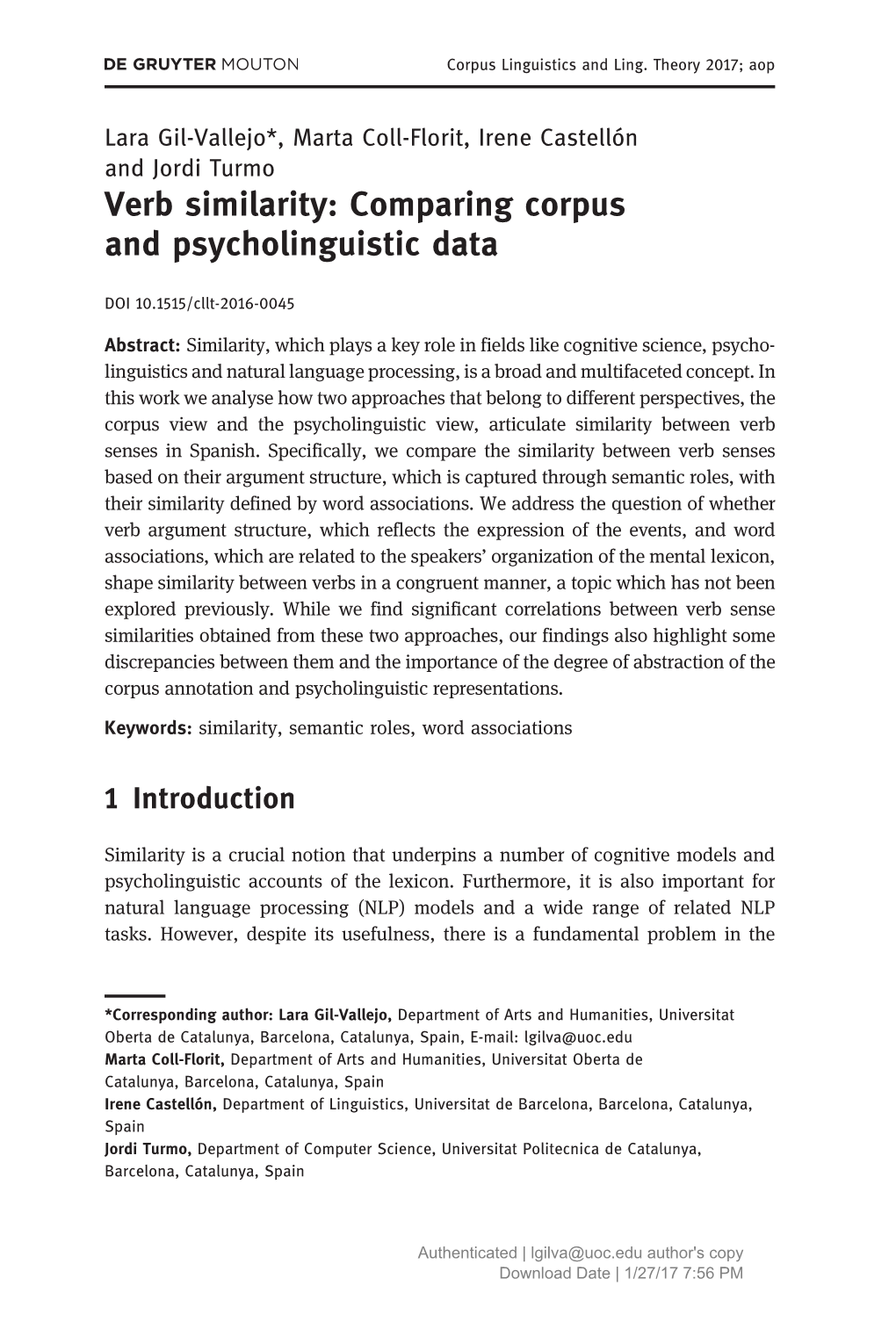 Verb Similarity: Comparing Corpus and Psycholinguistic Data