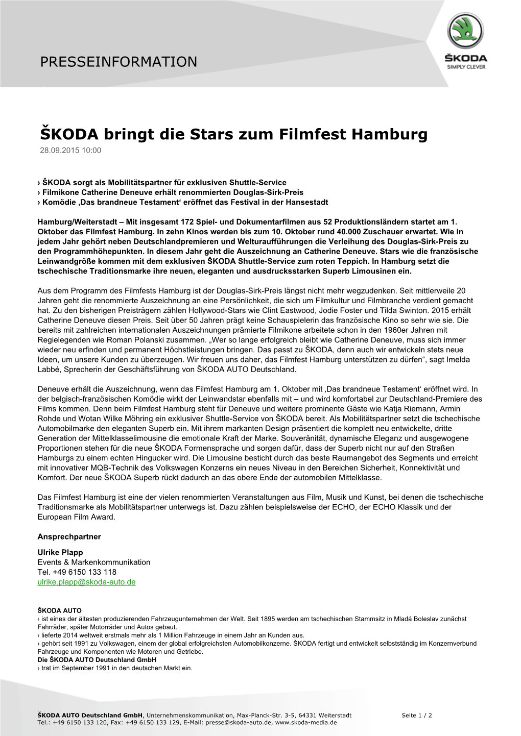 ŠKODA Bringt Die Stars Zum Filmfest Hamburg 28.09.2015 10:00