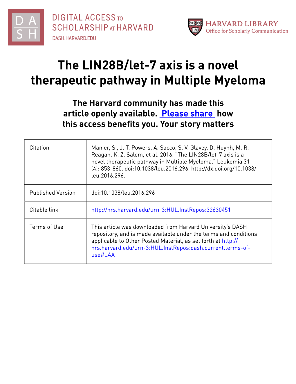 The LIN28B/Let-7 Axis Is a Novel Therapeutic Pathway in Multiple Myeloma