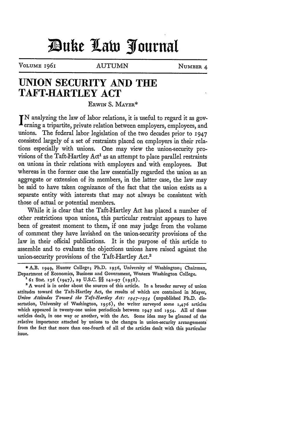 Union Security and the Taft-Hartley Act Erwin S