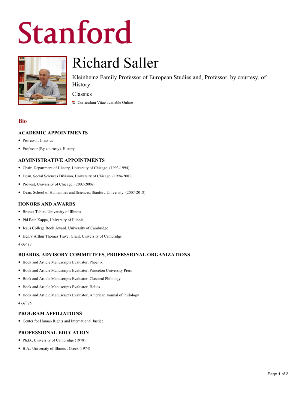 Richard Saller Kleinheinz Family Professor of European Studies And, Professor, by Courtesy, of History Classics Curriculum Vitae Available Online