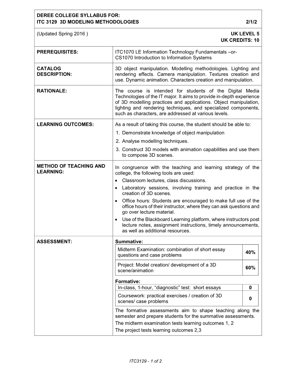 Deree College Syllabus For: Itc 3129 3D Modeling Methodologies 2/1/2