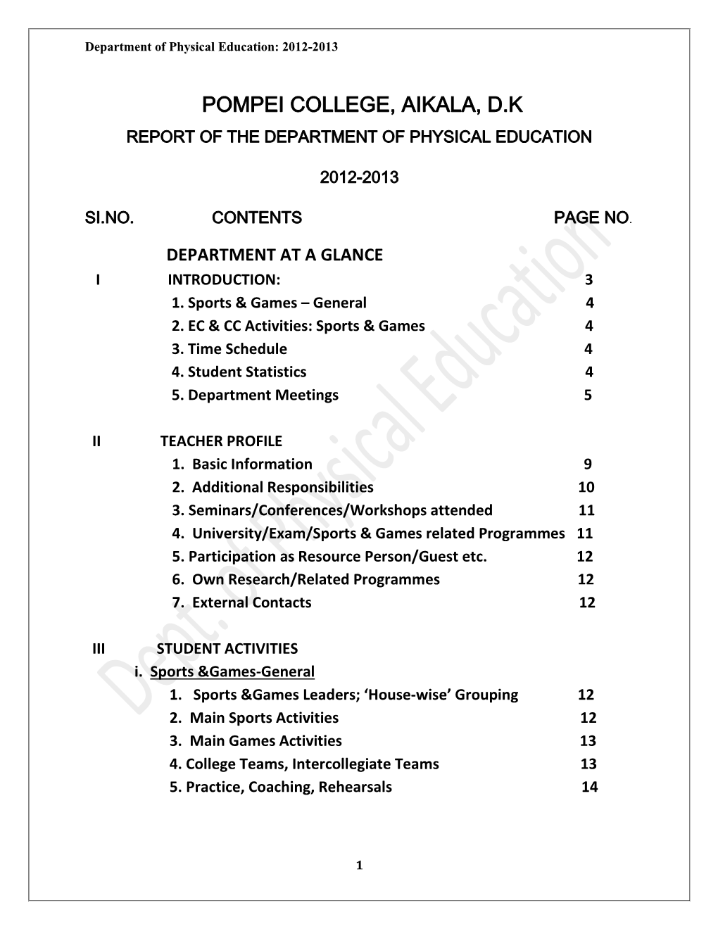 Pompei College, Aikala, D.K Report of the Department of Physical Education