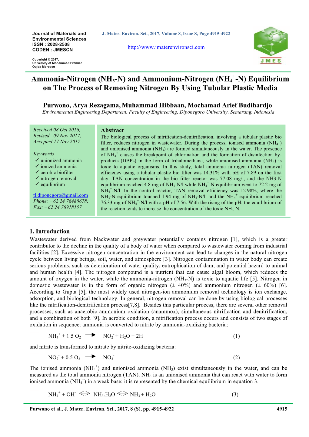 Ammonia-Nitrogen (NH3-N) and Ammonium-Nitrogen (NH4 -N) Equilibrium on the Process of Removing Nitrogen by Using Tubular Plastic Media