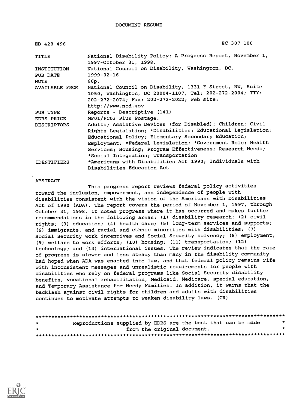 National Disability Policy: a Progress Report, November 1, 1997-October 31, 1998