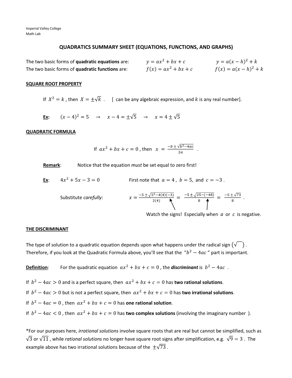 IVC Factsheet Quadratics