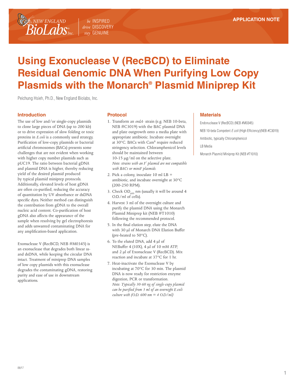 Using Exonuclease V (Recbcd) to Eliminate Residual Genomic DNA When Purifying Low Copy Plasmids with the Monarch® Plasmid Miniprep Kit