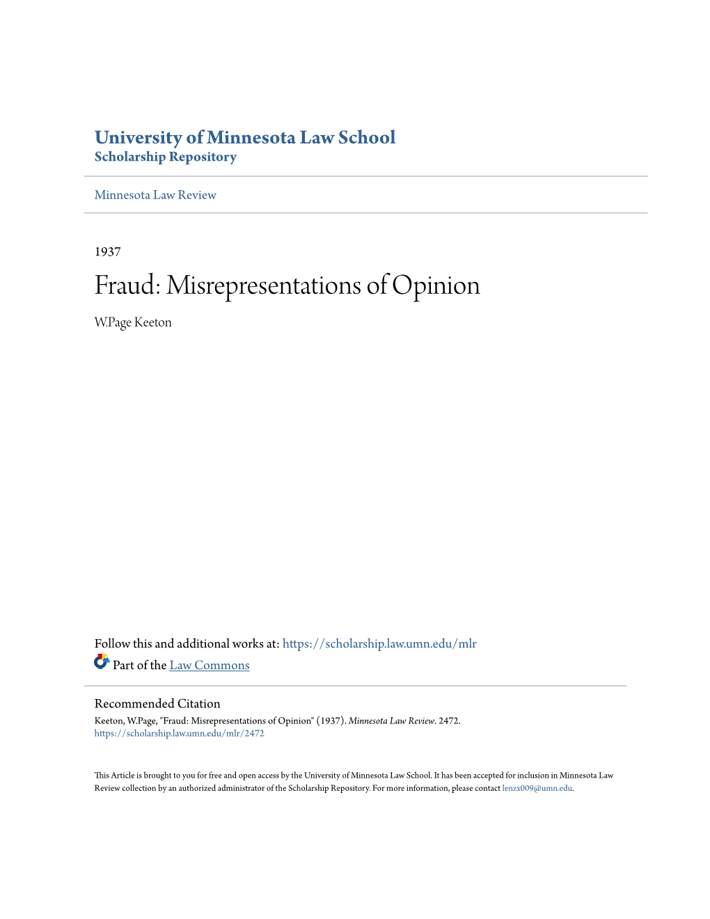 Fraud: Misrepresentations of Opinion W.Page Keeton