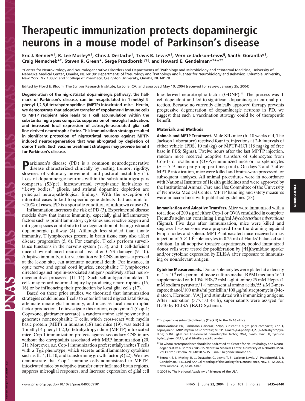 Therapeutic Immunization Protects Dopaminergic Neurons in a Mouse Model of Parkinson’S Disease