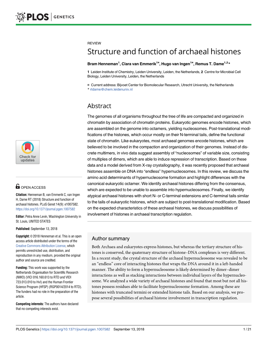 Structure and Function of Archaeal Histones