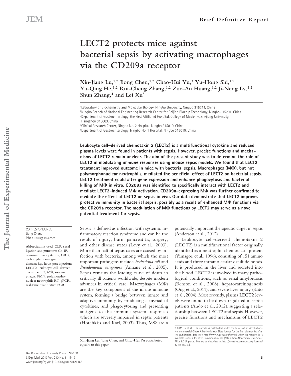 LECT2 Protects Mice Against Bacterial Sepsis by Activating Macrophages Via the Cd209a Receptor