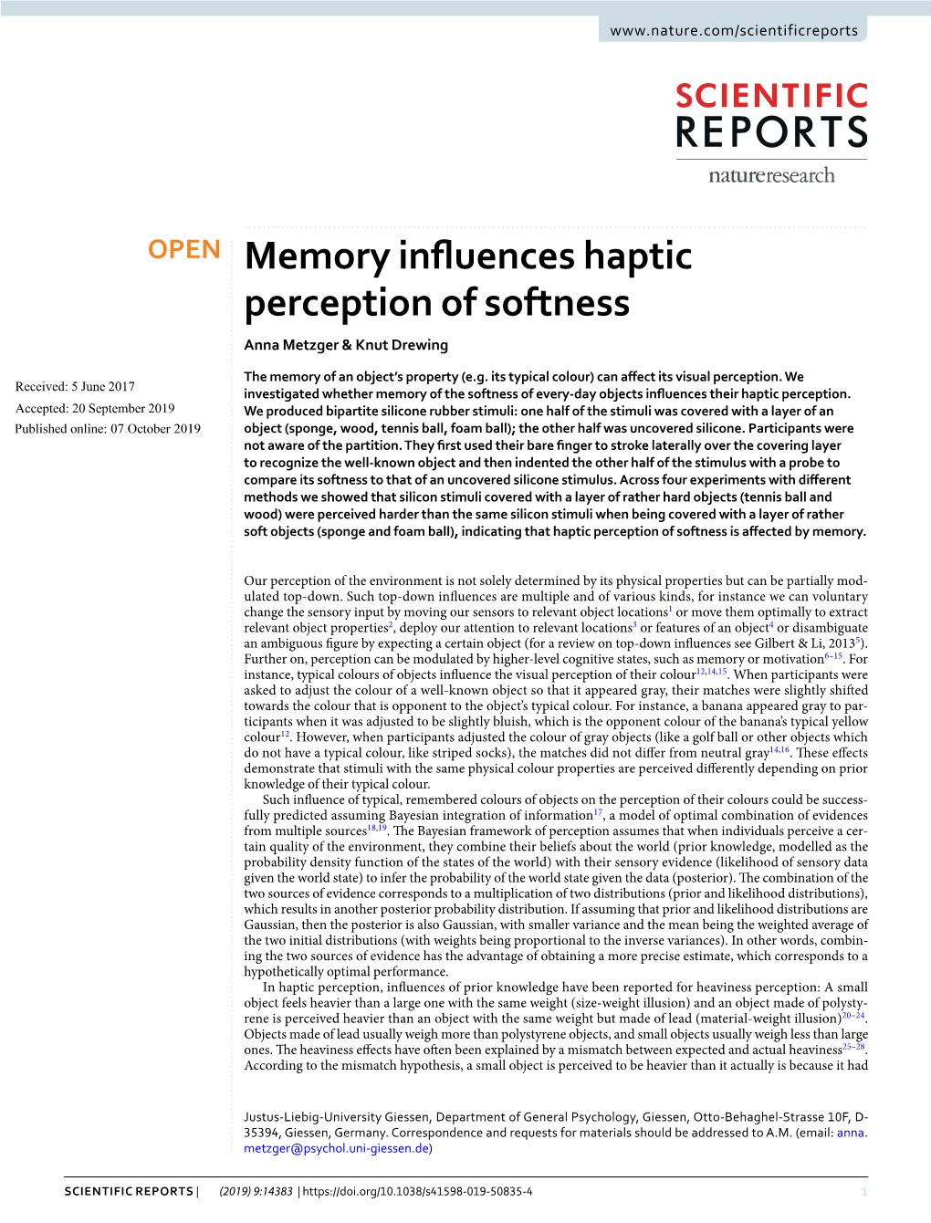 Memory Influences Haptic Perception of Softness