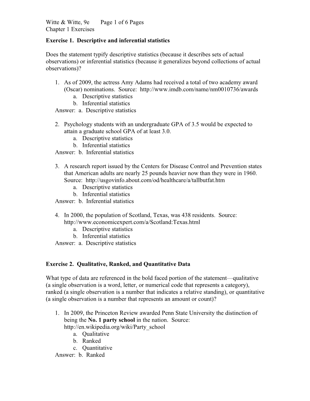 Exercise 1. Descriptive and Inferential Statistics