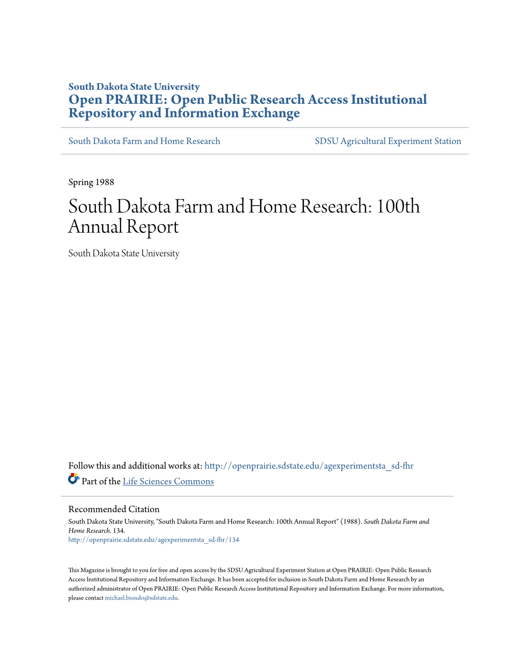 South Dakota Farm and Home Research: 100Th Annual Report South Dakota State University