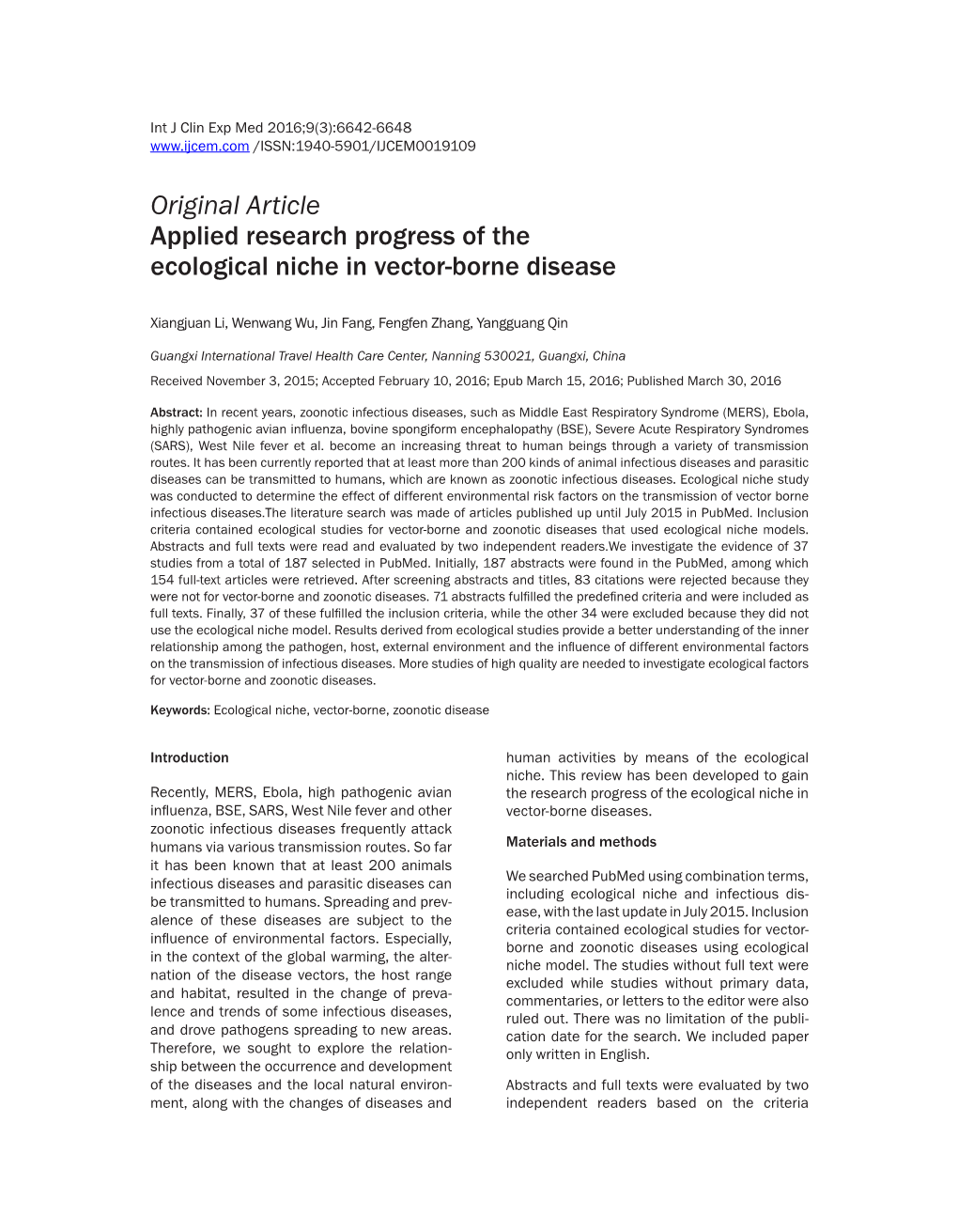 Original Article Applied Research Progress of the Ecological Niche in Vector-Borne Disease