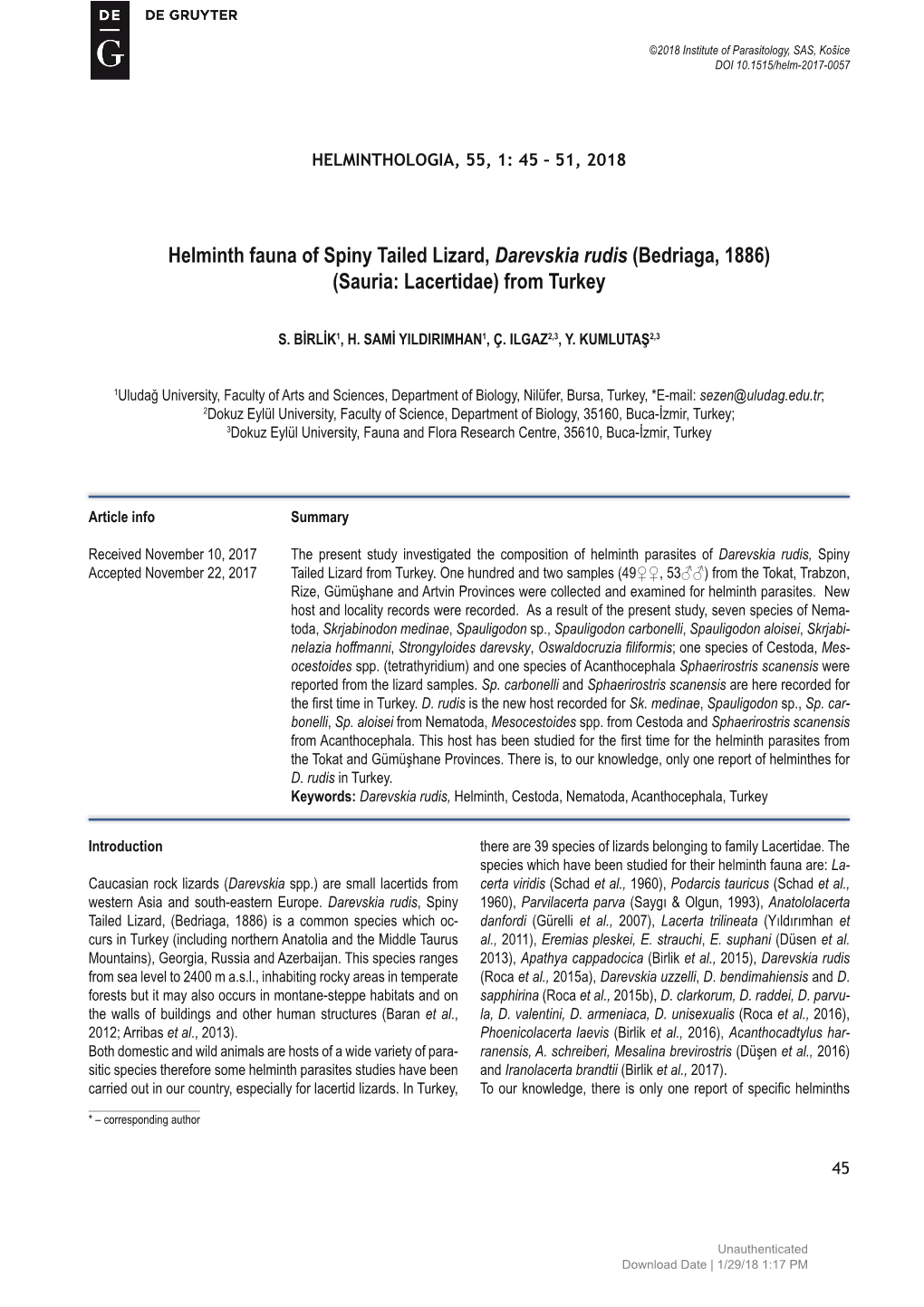 Helminth Fauna of Spiny Tailed Lizard, Darevskia Rudis (Bedriaga, 1886) (Sauria: Lacertidae) from Turkey