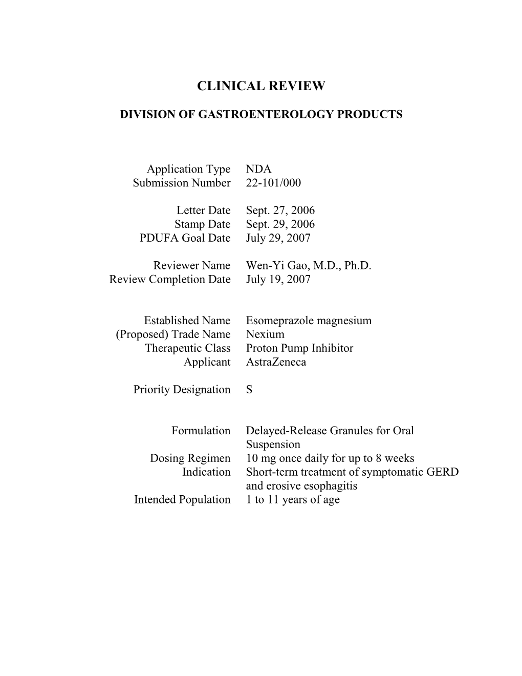 Esomeprazole, NDA 22-101