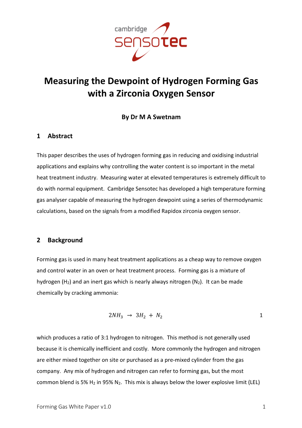 Measuring the Dewpoint of Hydrogen Forming Gas with a Zirconia Oxygen Sensor