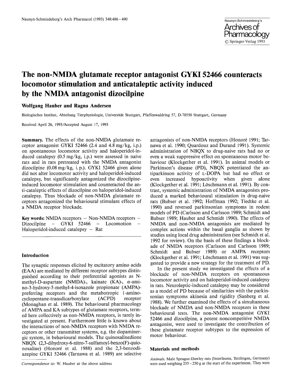 The Non-NMDA Glutamate Receptor Antagonist GYKI 52466 Counteracts Locomotor Stimulation and Anticataleptic Activity Induced by the NMDA Antagonist Dizocilpine